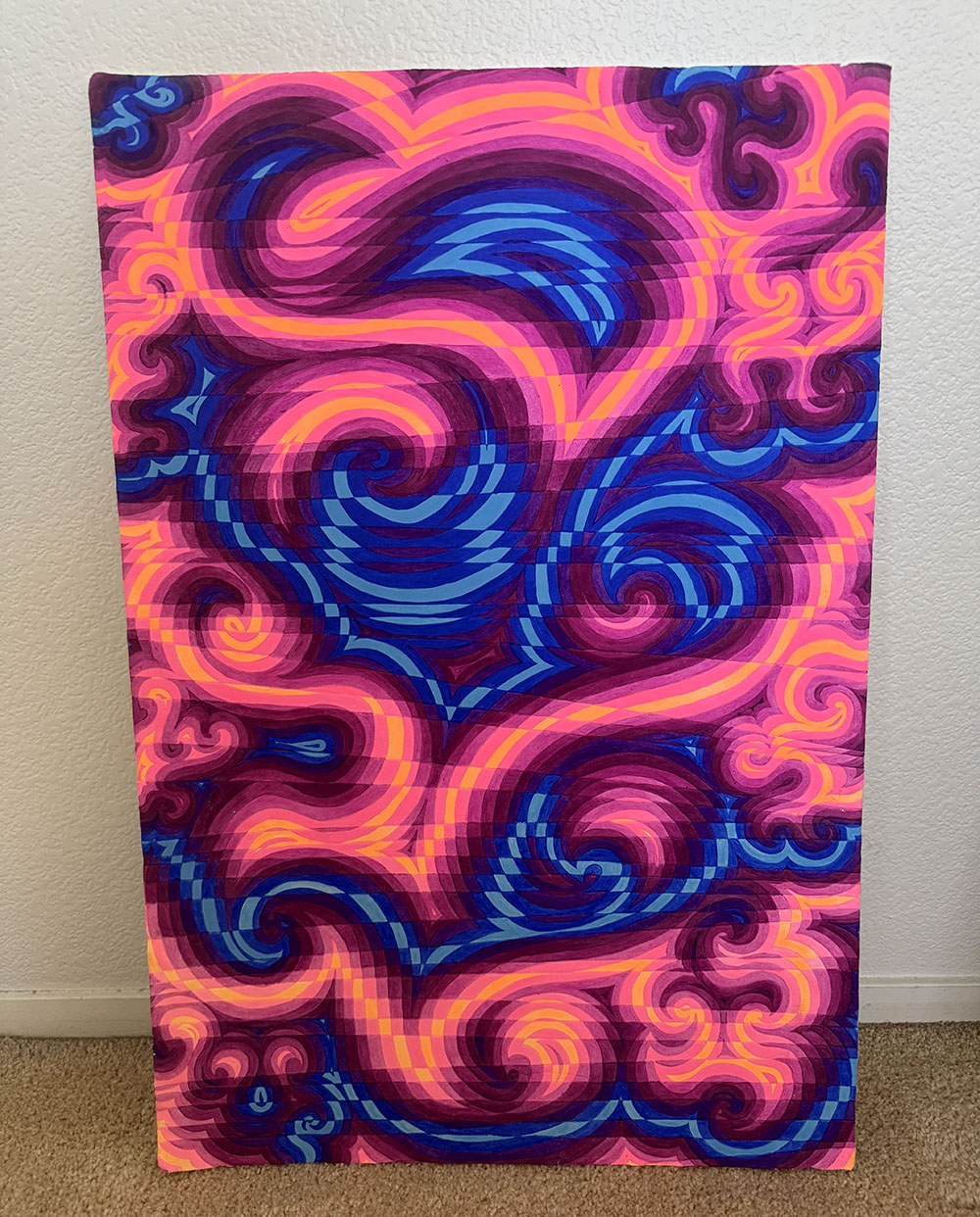 Swirly abstract grid art piece with colors pink, purple and blue