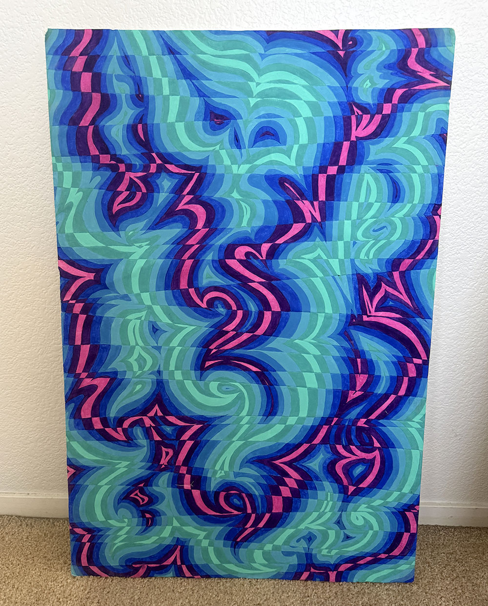 Swirly abstract grid art piece with colors pink, purple and blue