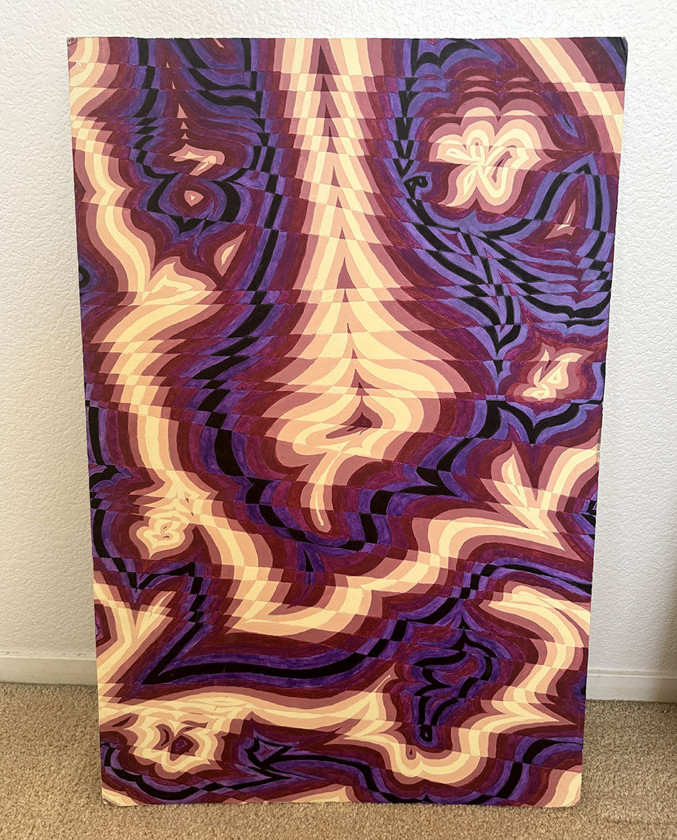 Swirly abstract grid art piece with colors beige, maroon, purple and black