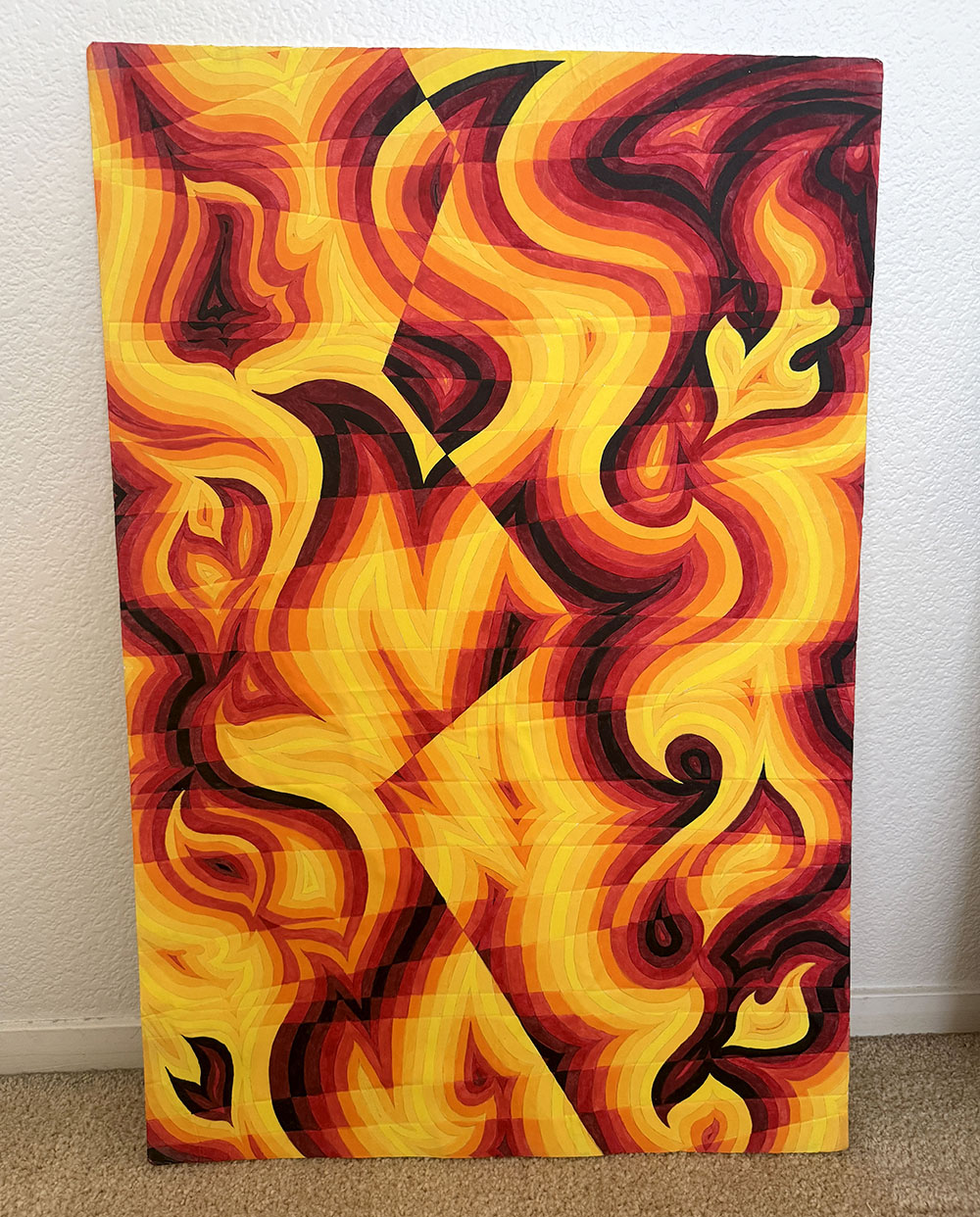 Abstract grid art piece with flamelike shapes and colors