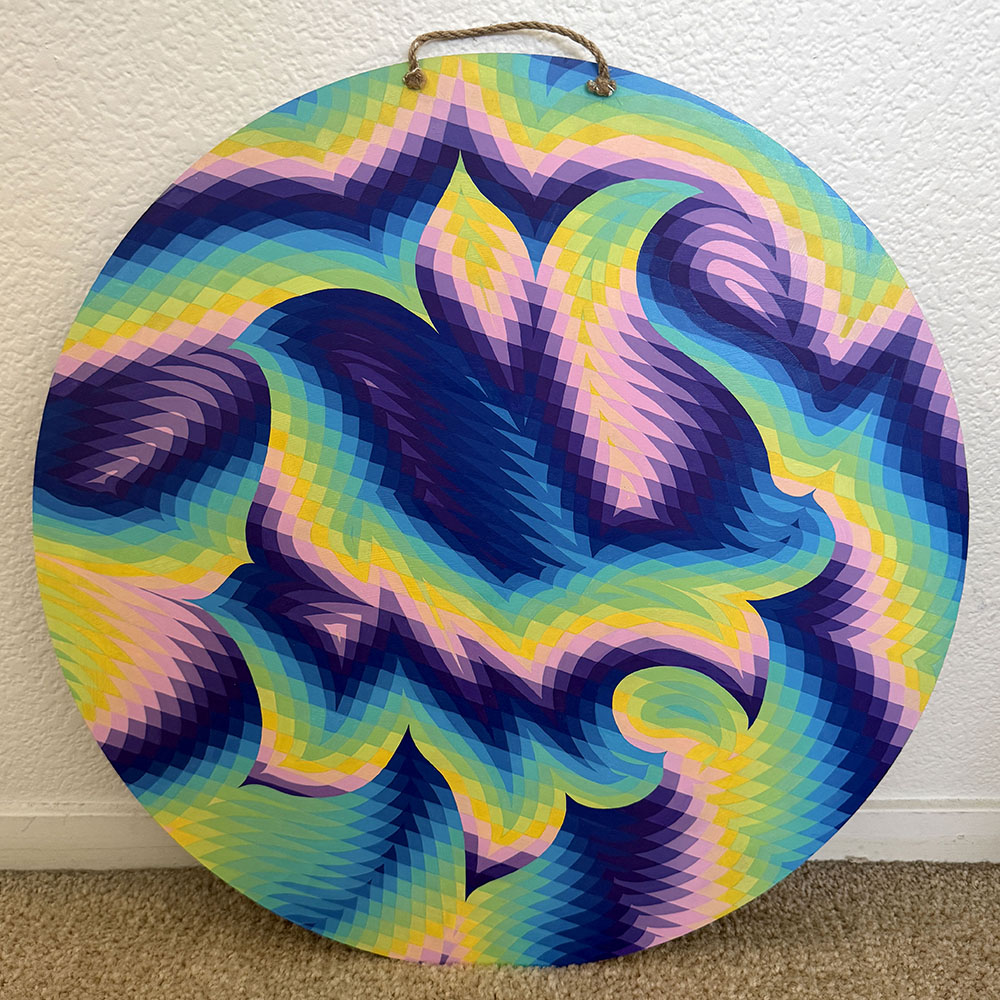 Abstract grid art piece with a flower-like centerpiece, with cool tone colors