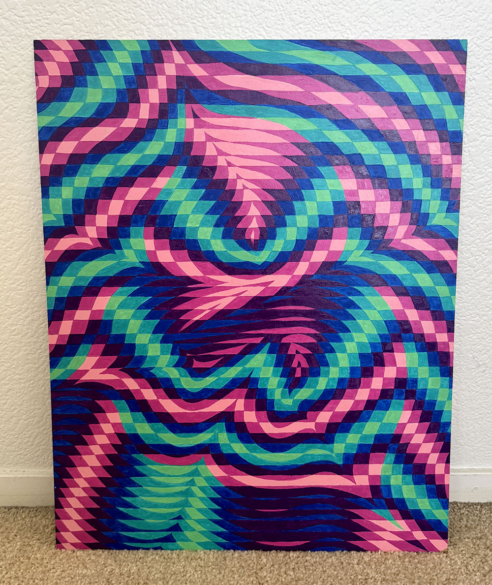 Abstract grid art piece with a flower-like centerpiece, with pink, purple, blue and aqua colors