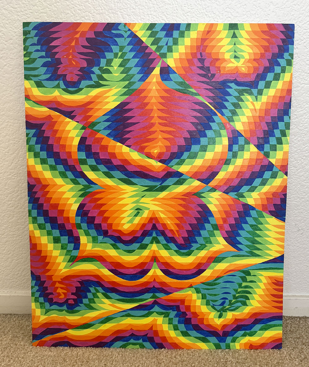 Abstract grid art piece with a flower-like centerpiece, with rainbow colors